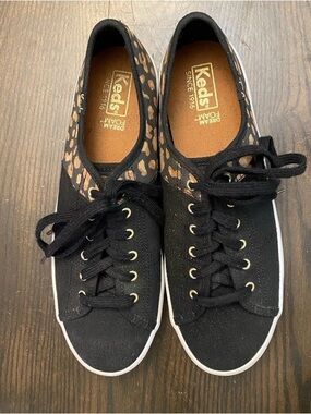 Keds Women’s Black Canvas Sneakers with Leopard Accents